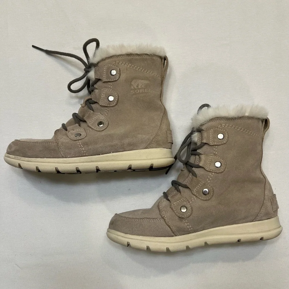 Sorel Explorer Boots Gray Suede w/ White Faux‎ Fur Size 7.5